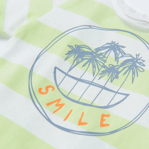 Blouse à manches courtes à rayures blanches et vert clair avec palmiers et sourire